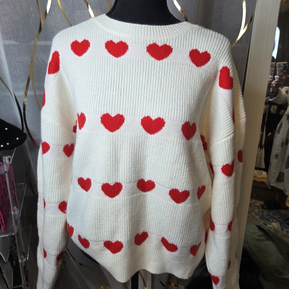 Women’s Cream Crewneck Sweater with Red Heart Pattern
